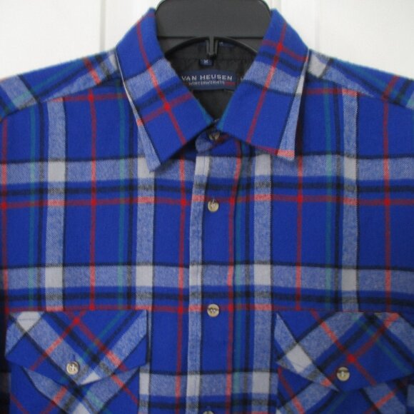 Van Heusen Mens L/S Blue Winterweight Acrylic Flannel Plaid Casual Shirt- Medium - Picture 2 of 2